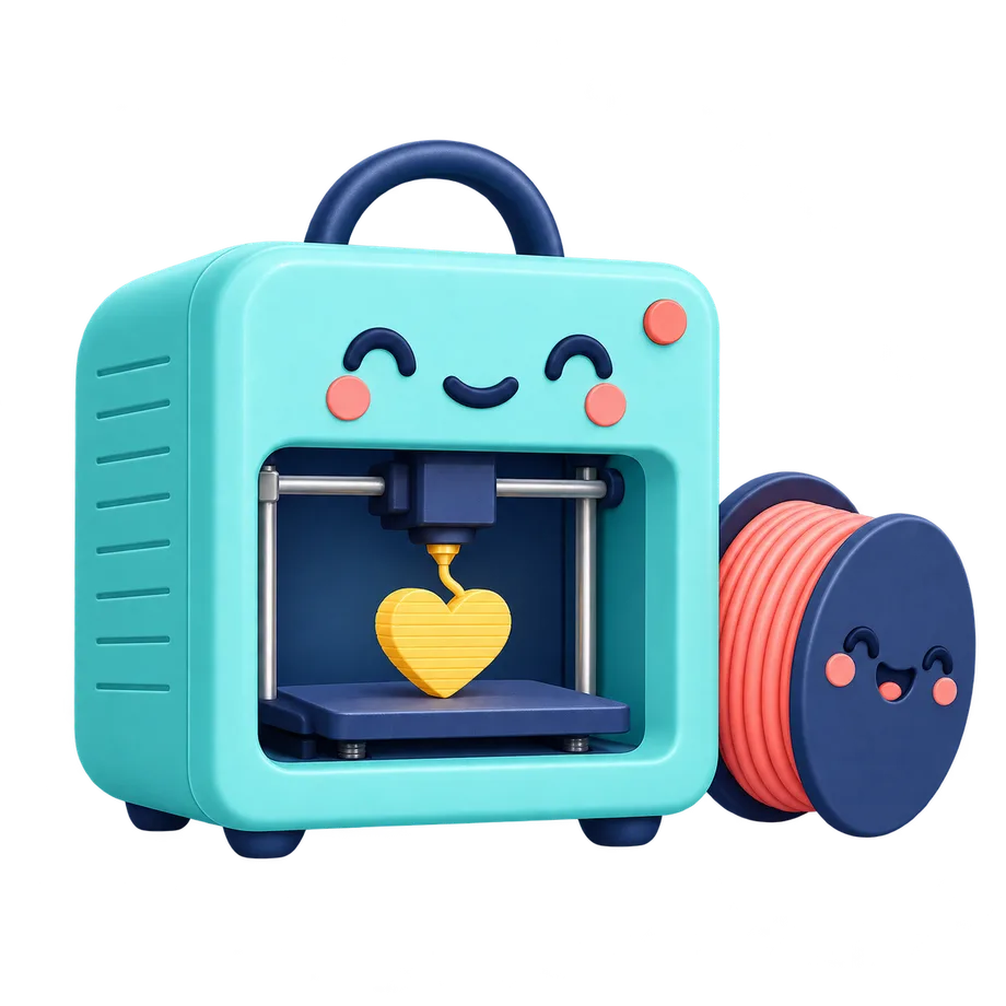 A cheerful mint 3D printer creating a little yellow heart beside its filament spool friend